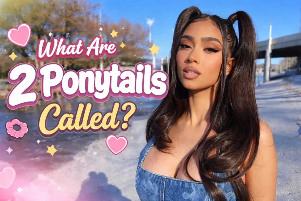 Woman wearing high pigtails hairstyle with text asking what are 2 ponytails called